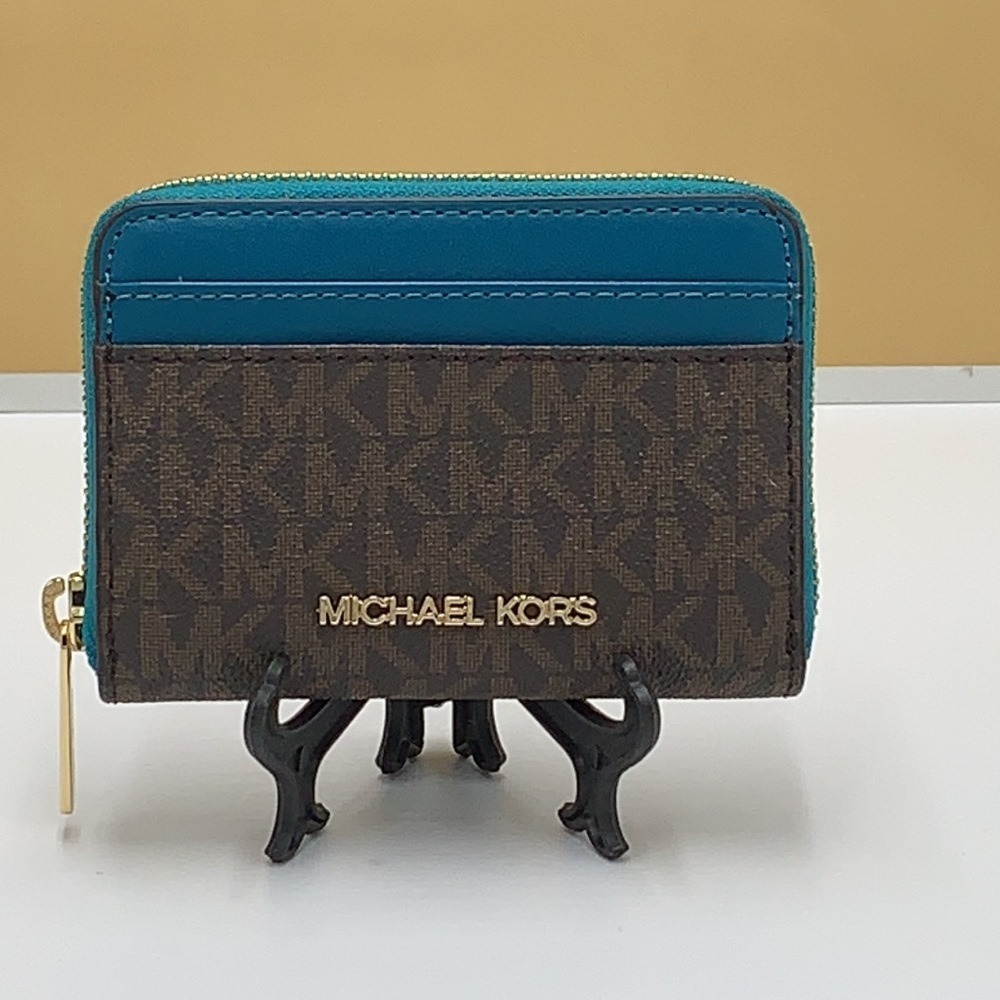 MICHAEL KORS JET SET TRAVEL MEDIUM ZIP AROUND CARD CASE LAGOON/BROWN SIGNATURE - Picture 2 of 12